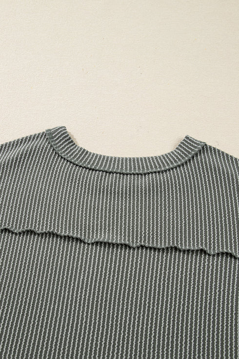Corded Rib Exposed Seam Drop Shoulder Curved Hem Long Sleeve Top